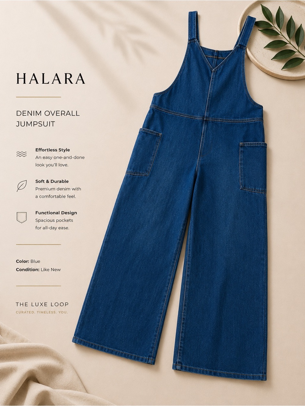 HALARA Blue Denim Overall Jumpsuit Wide-Leg